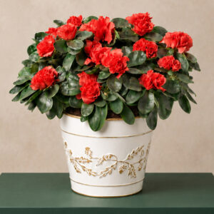 Red Azalea in Cream Zinc Pot